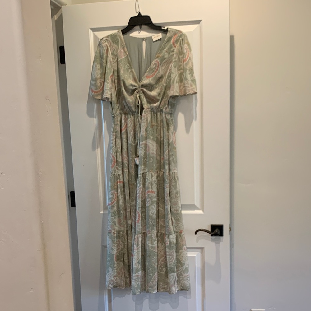 Chic Paisley Maxi Dress in Soft Green and Pink
